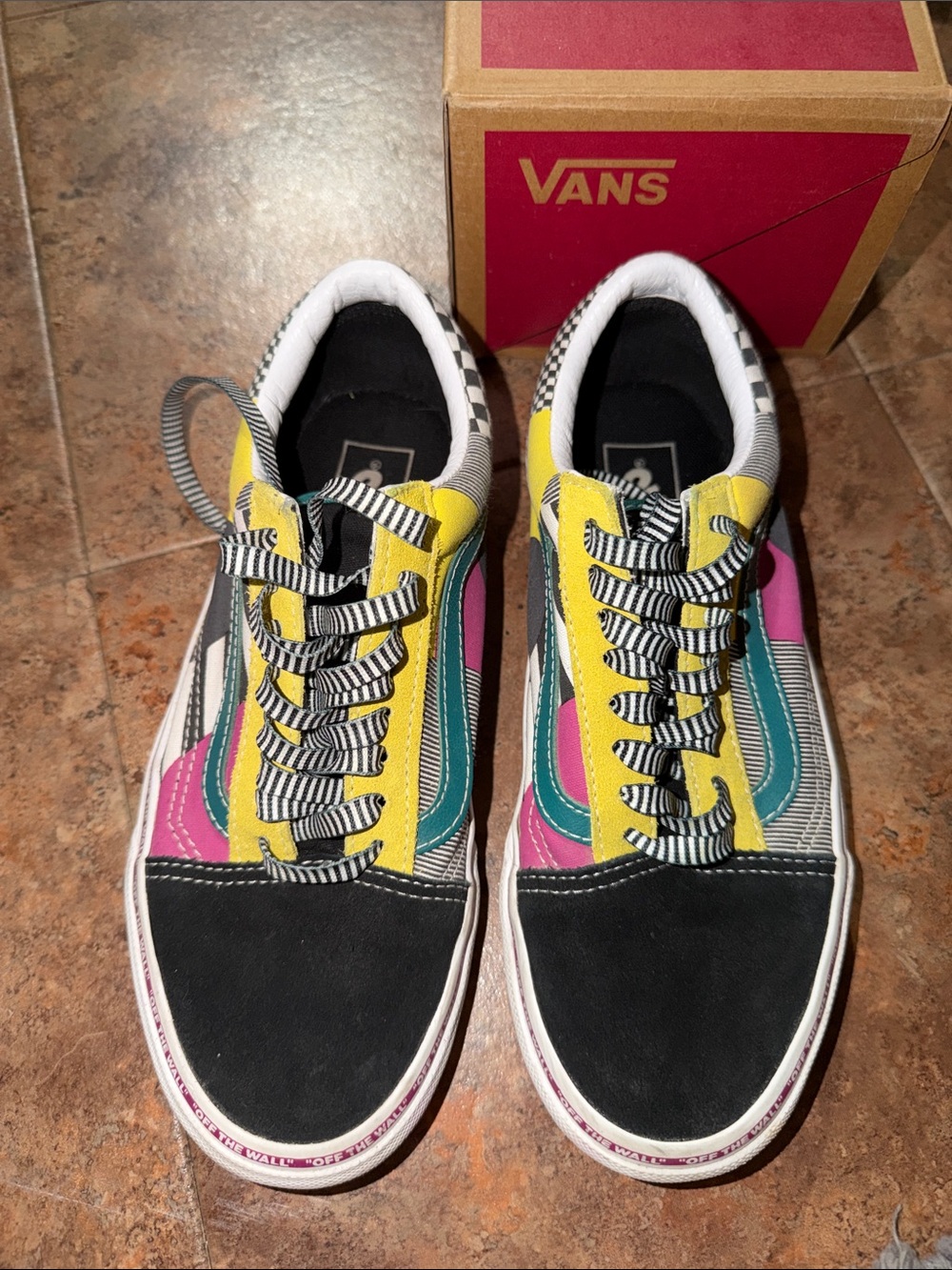 Vans Kids Black, Yellow, Teal & Pink Checkerboard Skate Sneakers